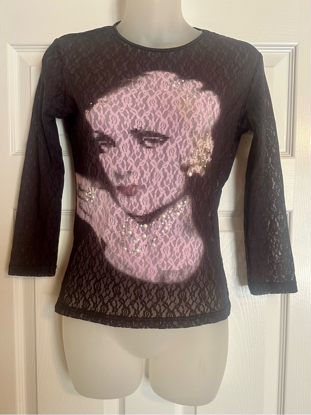 Y2K Express Black Lace Long-Sleeve Top with Portrait and Sequin Detail